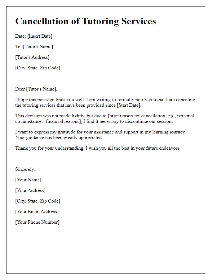 Letter template of canceling tutoring services
