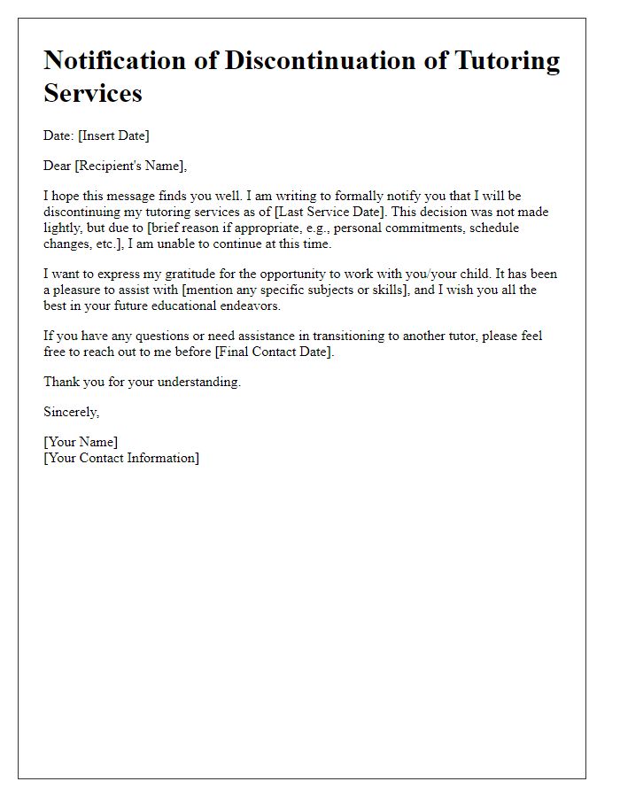 Letter template of discontinuation of tutoring services