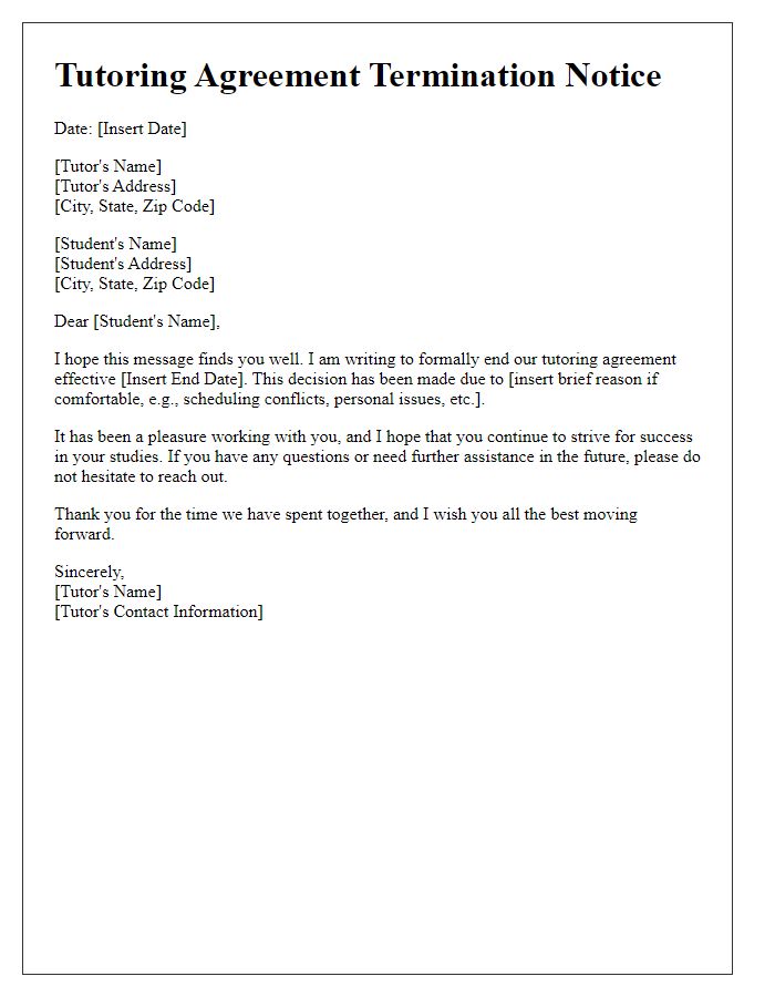 Letter template of ending tutoring agreement