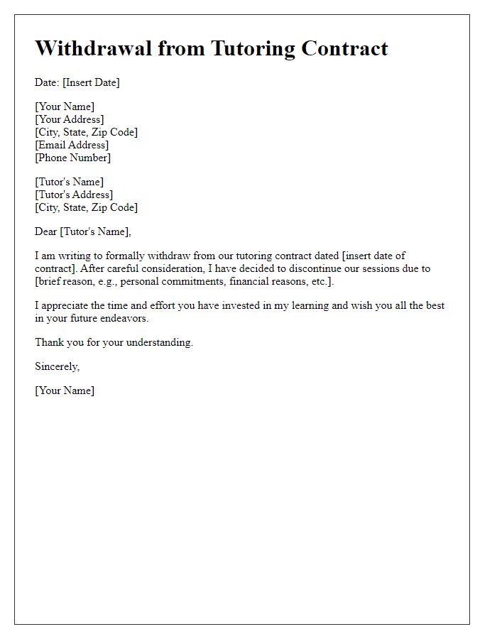 Letter template of withdrawal from tutoring contract