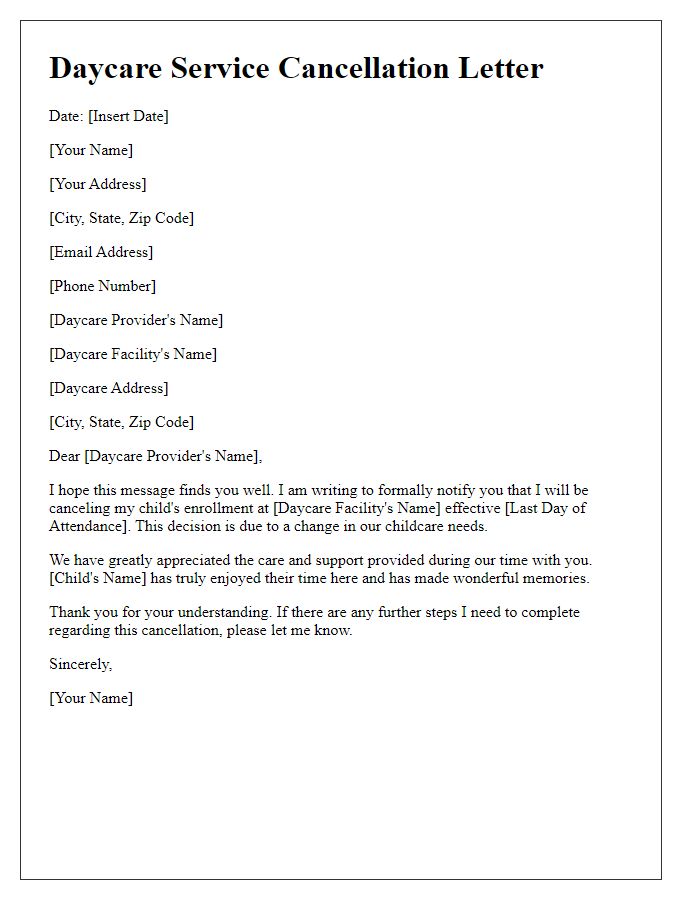 Letter template of daycare service cancellation for childcare needs change