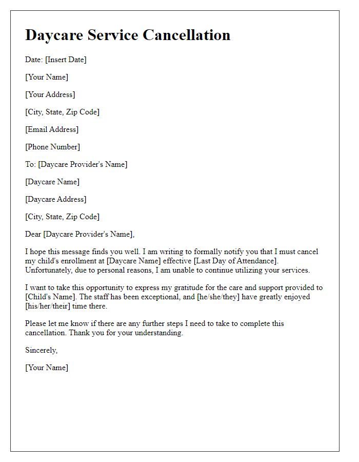 Letter template of daycare service cancellation for personal reasons