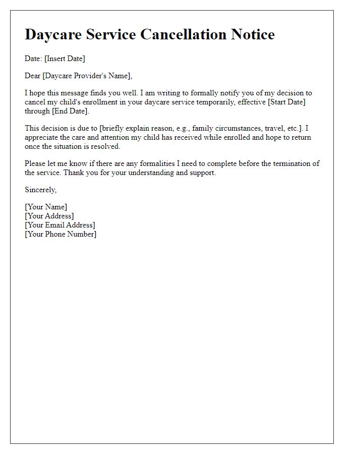 Letter template of daycare service cancellation for temporary leave