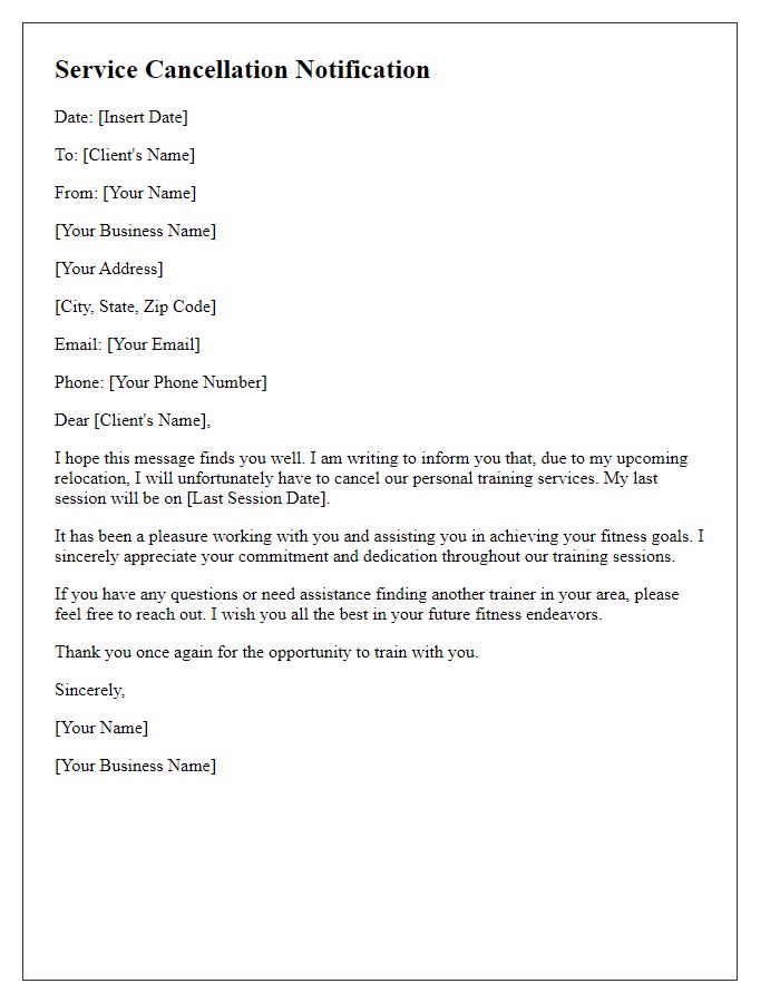 Letter template of personal trainer service cancellation due to relocation