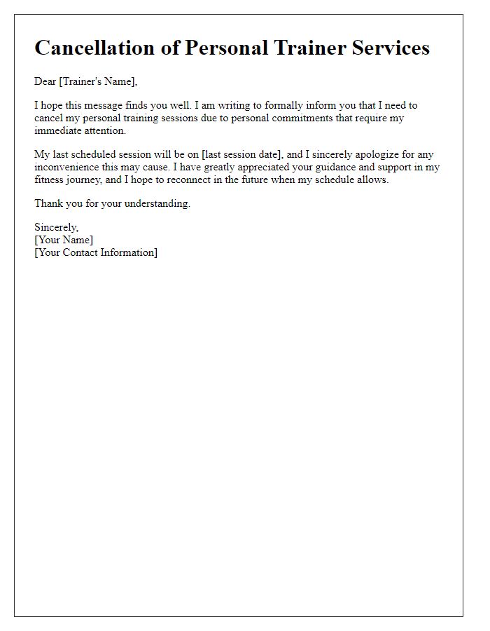 Letter template of personal trainer service cancellation for personal commitments