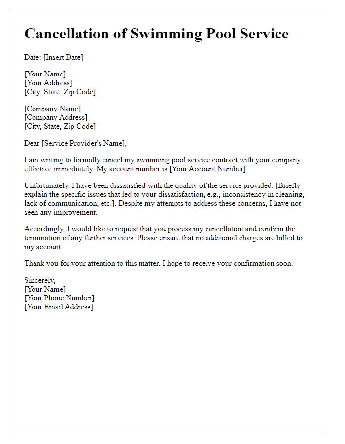 Letter template of swimming pool service cancellation for dissatisfaction with service quality.