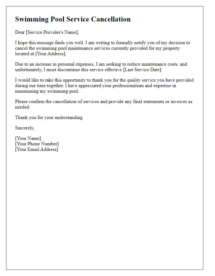 Letter template of swimming pool service cancellation to reduce maintenance costs.