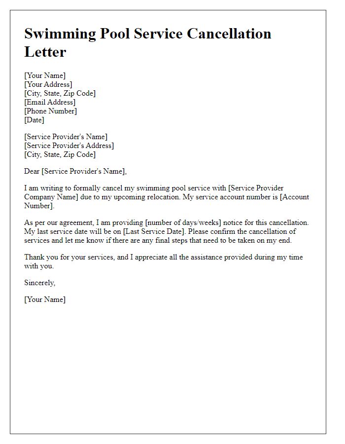 Letter template of swimming pool service cancellation for relocation purposes.