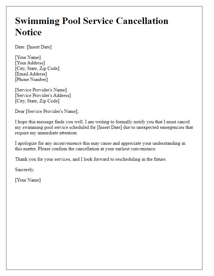 Letter template of swimming pool service cancellation for unexpected emergencies.