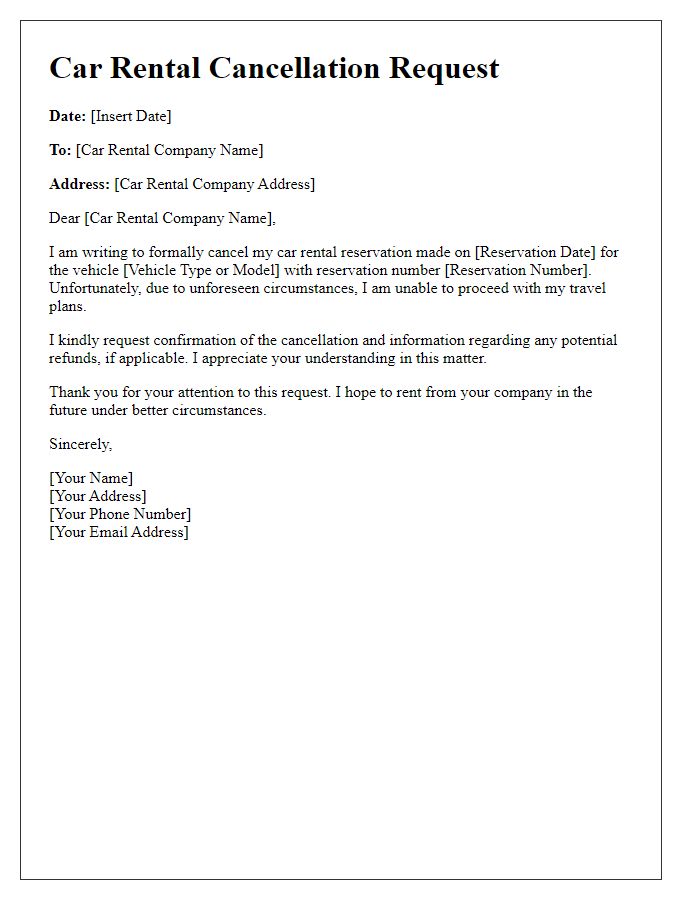 Letter template of car rental cancellation due to unforeseen circumstances