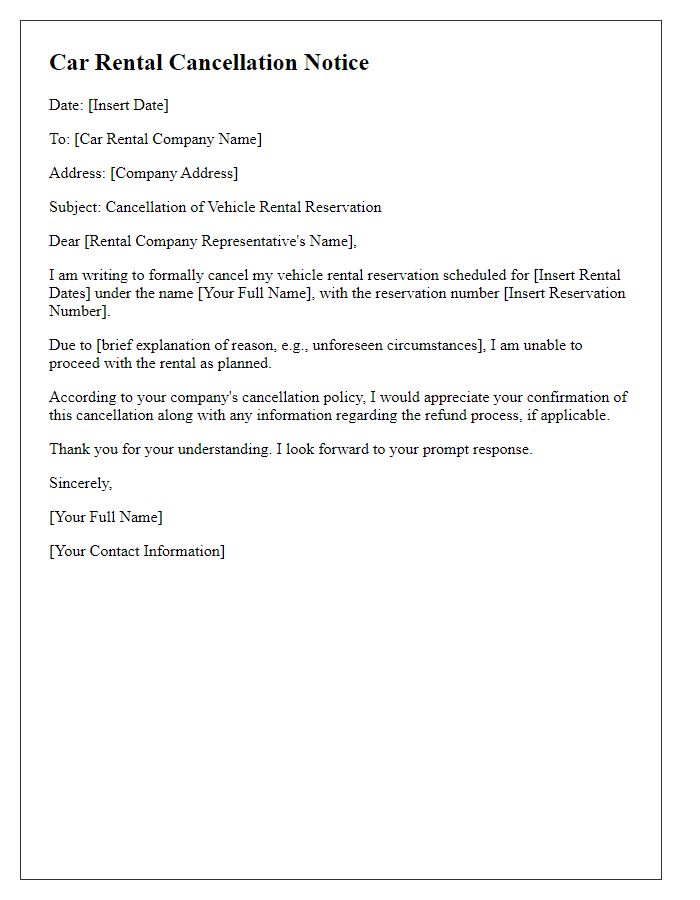 Letter template of car rental cancellation notice for pre-booked vehicle