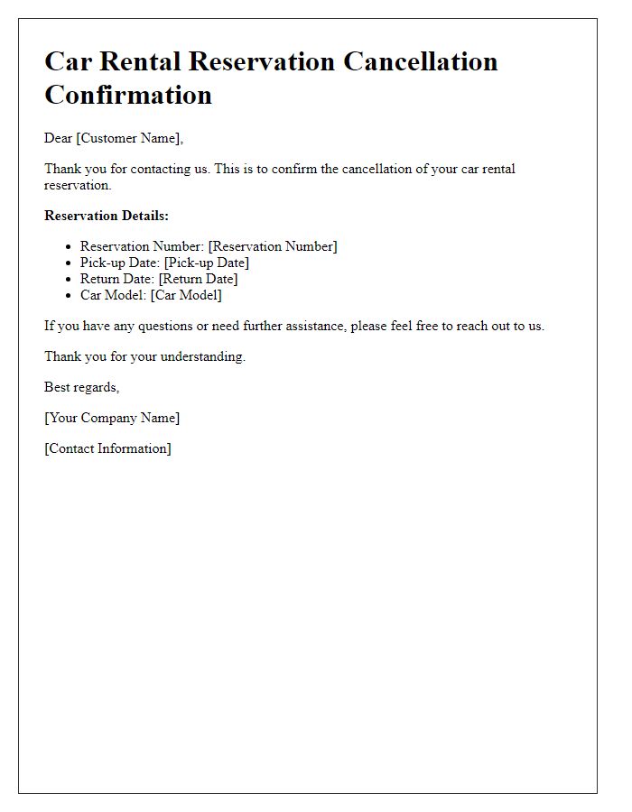 Letter template of car rental reservation cancellation confirmation