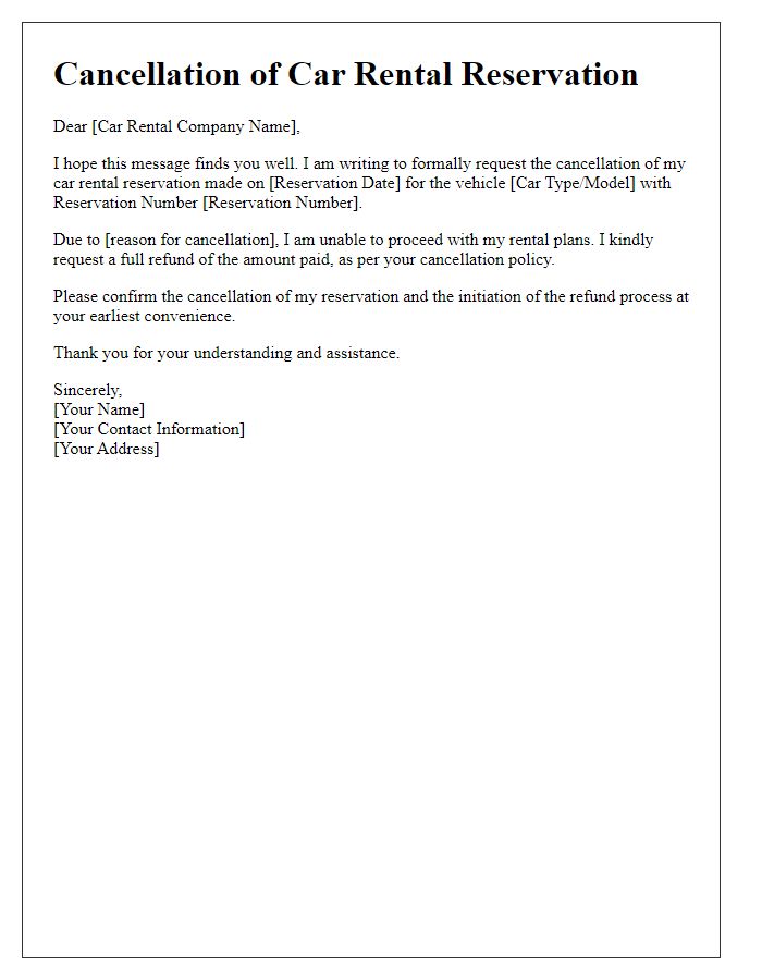 Letter template of car rental reservation cancellation with refund request