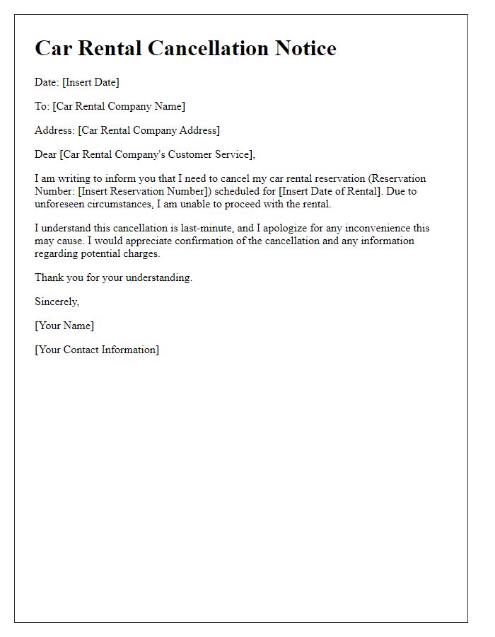 Letter template of last-minute car rental cancellation