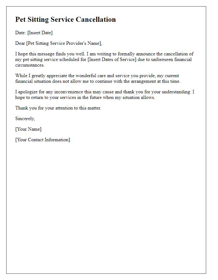 Letter template of pet sitting service cancellation for financial reasons.