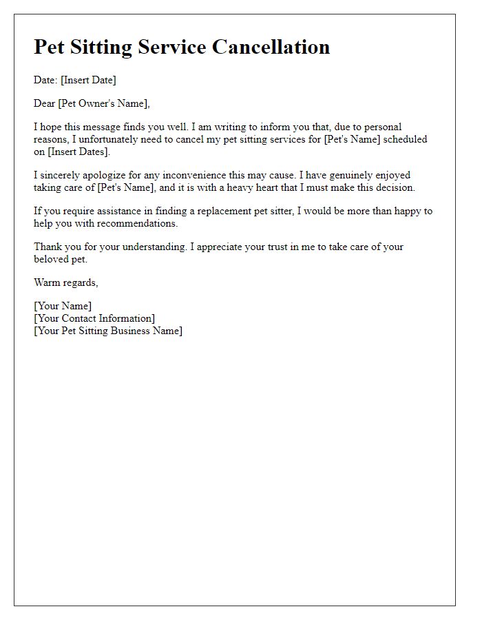 Letter template of pet sitting service cancellation for personal reasons.