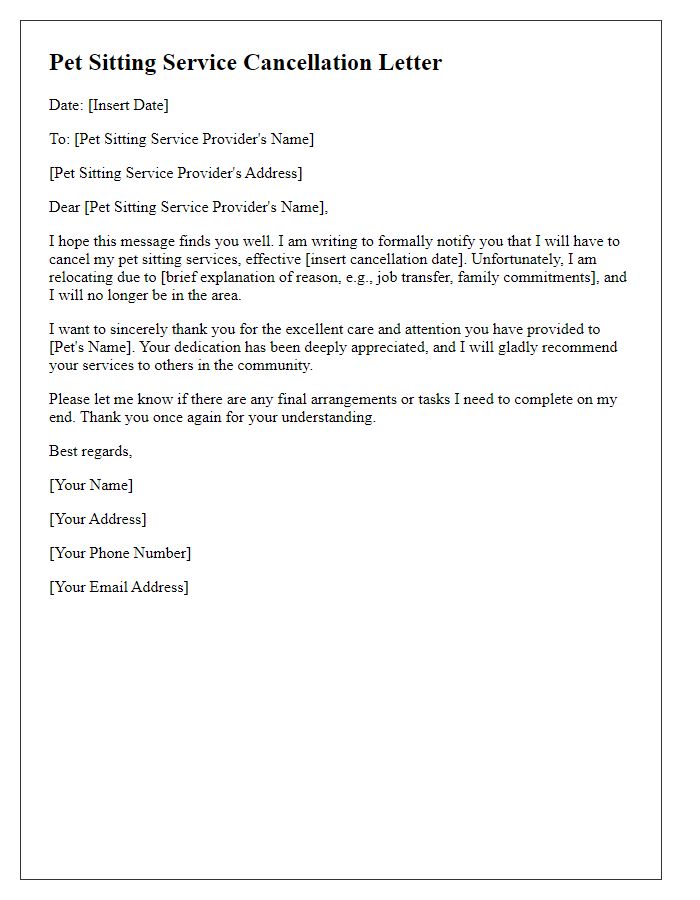 Letter template of pet sitting service cancellation for relocation.