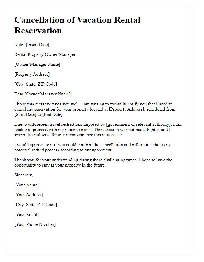 Letter template of vacation rental cancellation due to travel restrictions.