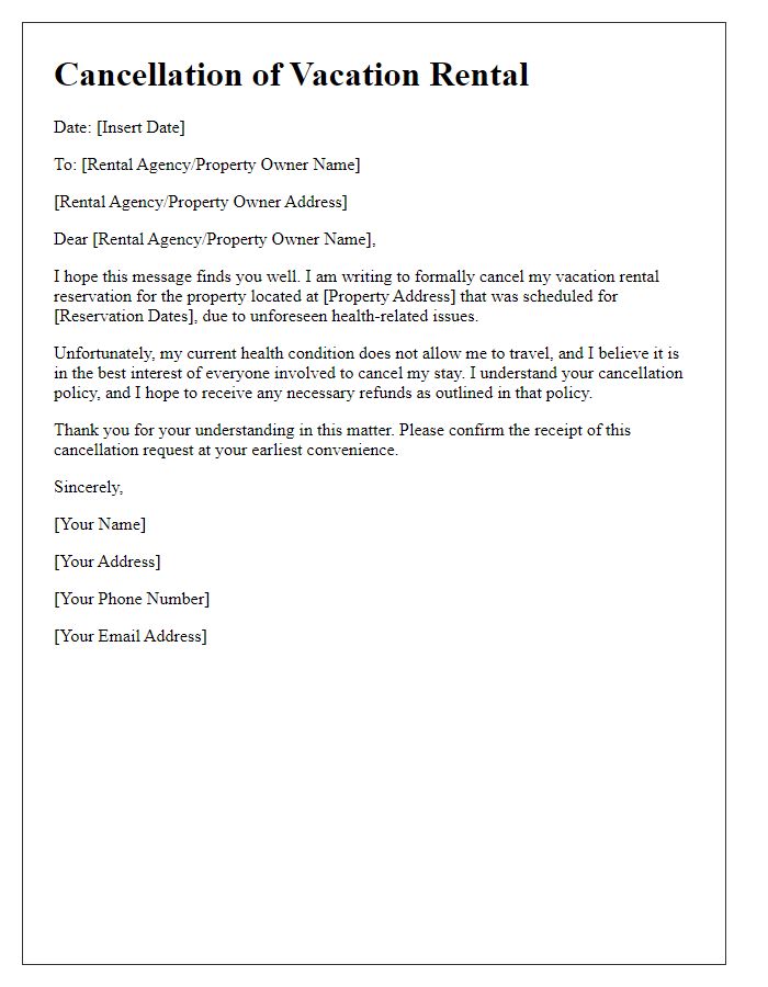 Letter template of vacation rental cancellation for health-related issues.