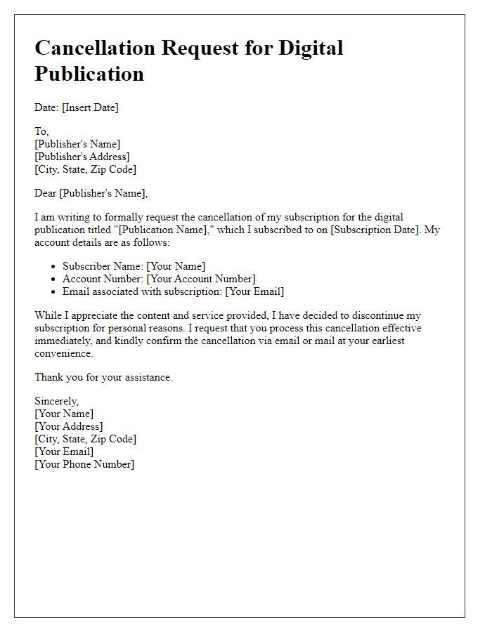 Letter template of cancellation request for a digital publication.