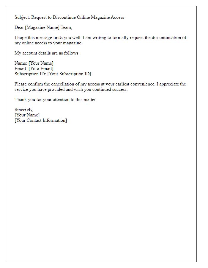 Letter template of email to discontinue online magazine access.