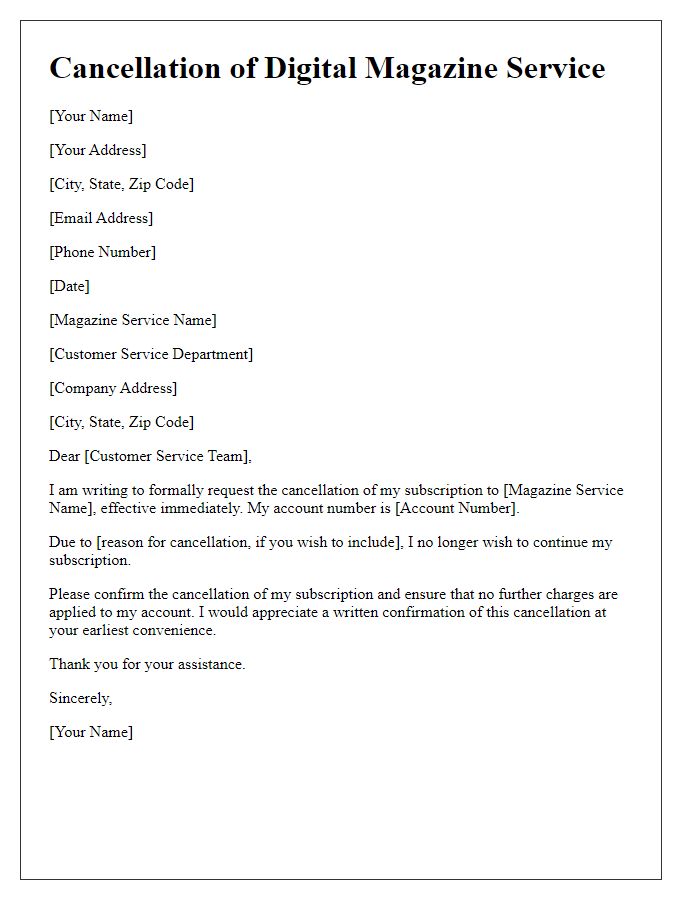 Letter template of formal cancellation of digital magazine service.