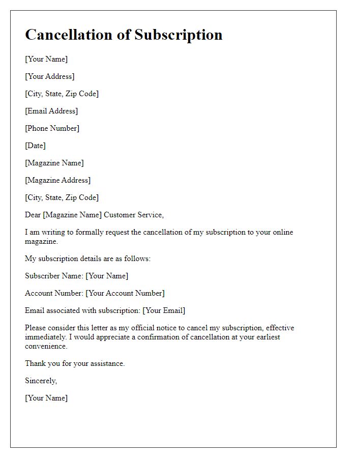 Letter template of intent to cancel my online magazine subscription.