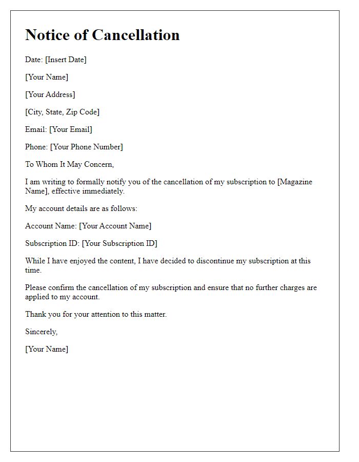 Letter template of notice of cancellation for a web-based magazine.