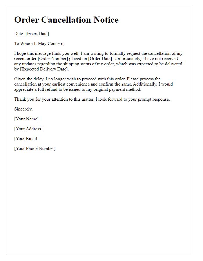 Letter template of music store order cancellation based on delayed shipping.