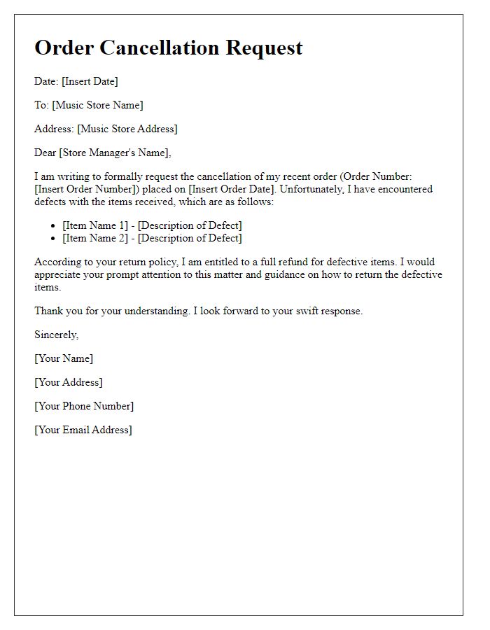 Letter template of music store order cancellation for defective items.