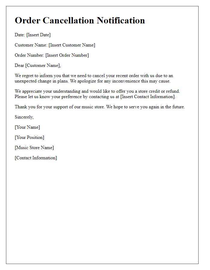 Letter template of music store order cancellation due to a change in plans.