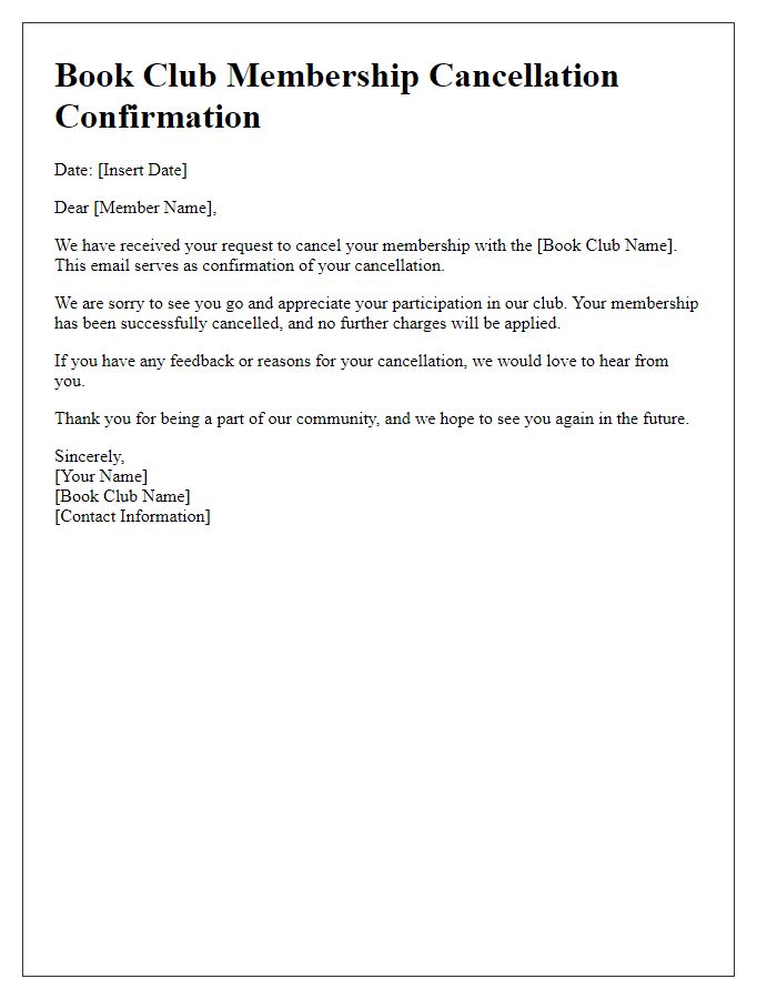 Letter template of book club membership cancellation confirmation.