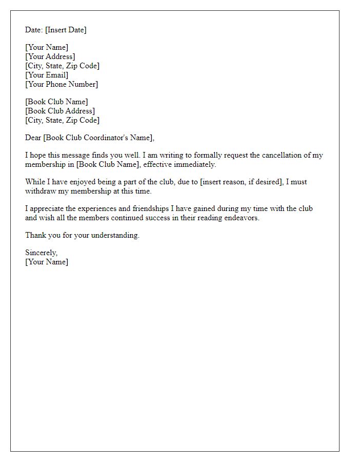 Letter template of book club membership cancellation request.