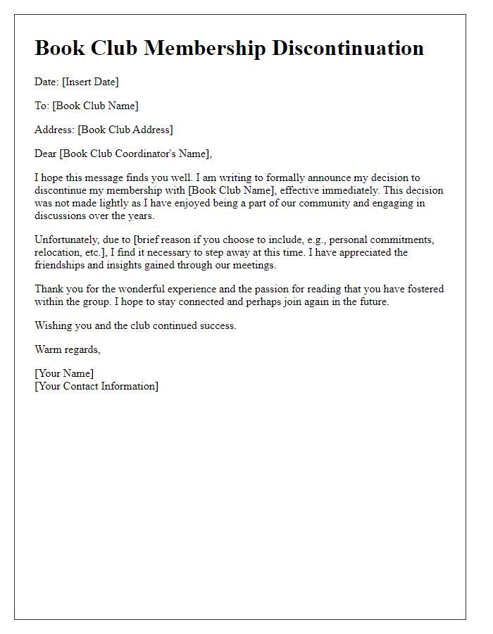 Letter template of book club membership discontinuation.