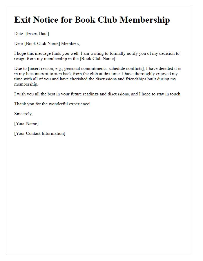 Letter template of book club membership exit notice.