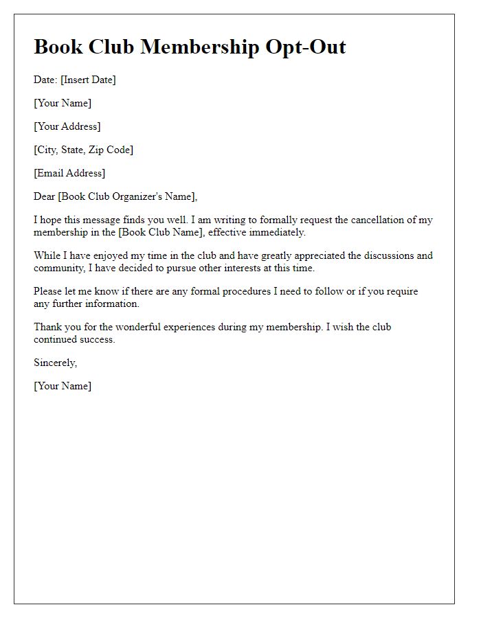 Letter template of book club membership opt-out.