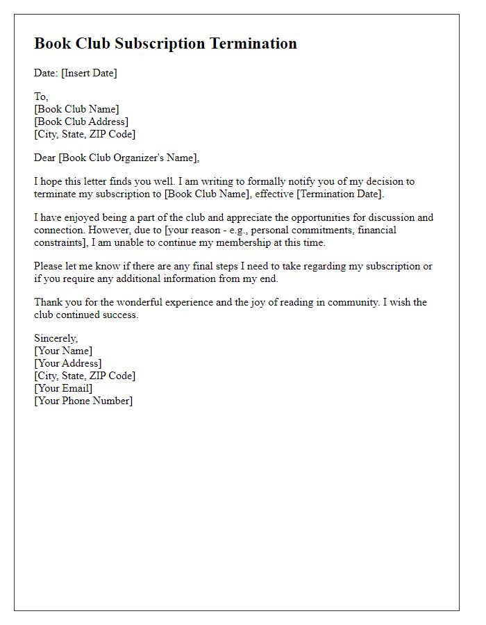 Letter template of book club subscription termination.