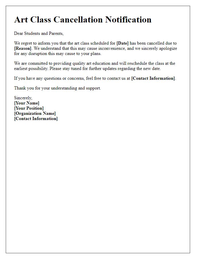 Letter template of art class cancellation notification