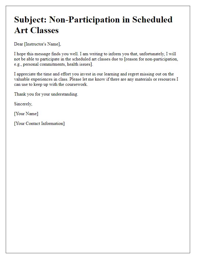 Letter template of non-participation in scheduled art classes