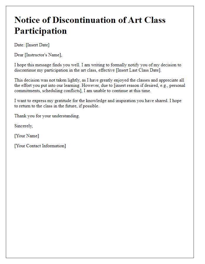 Letter template of notice for discontinuing art class participation