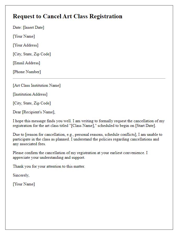 Letter template of request to cancel art class registration