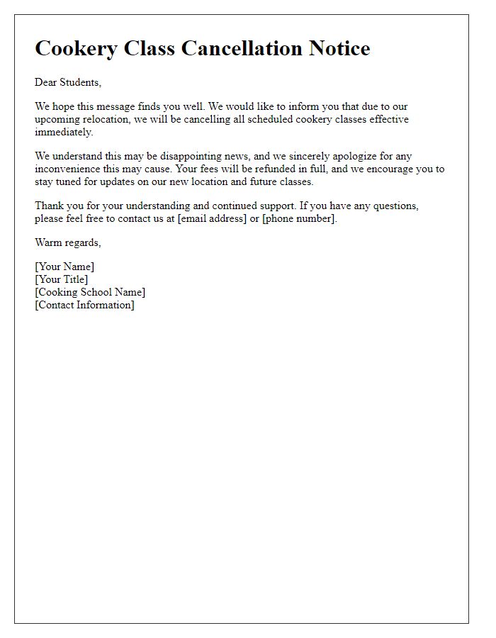 Letter template of cookery class cancellation for relocation