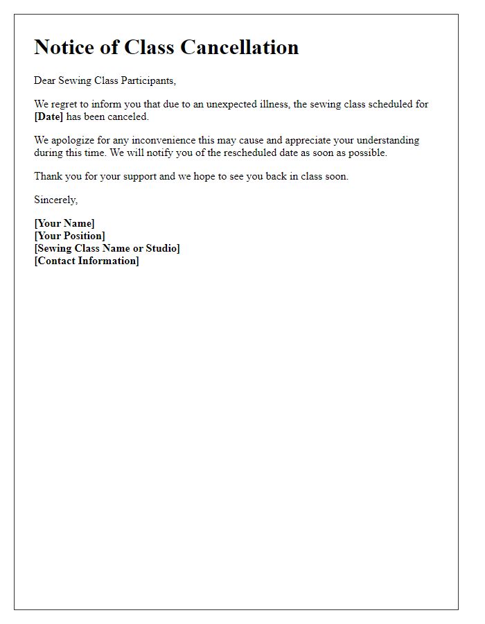 Letter template of sewing class cancellation due to illness