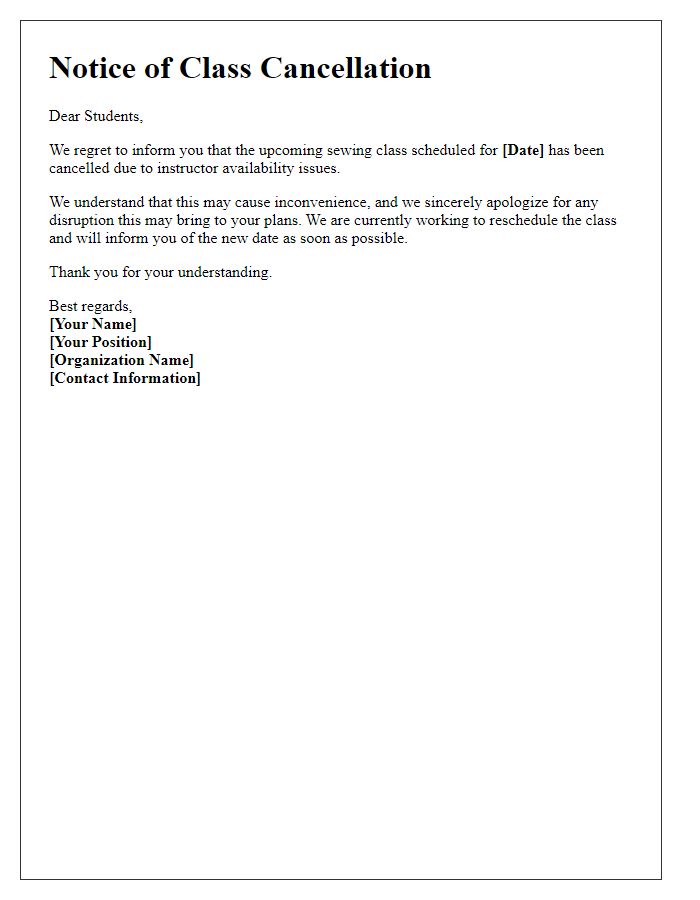 Letter template of sewing class cancellation due to instructor availability