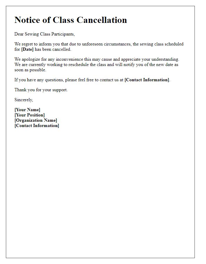 Letter template of sewing class cancellation for unforeseen circumstances