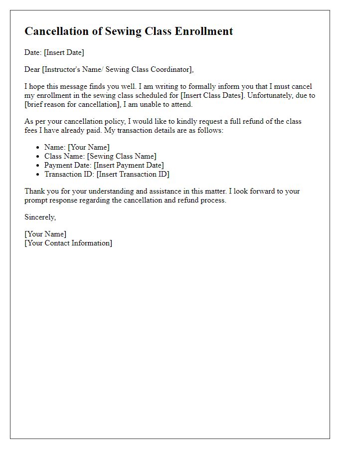 Letter template of sewing class cancellation while requesting a refund