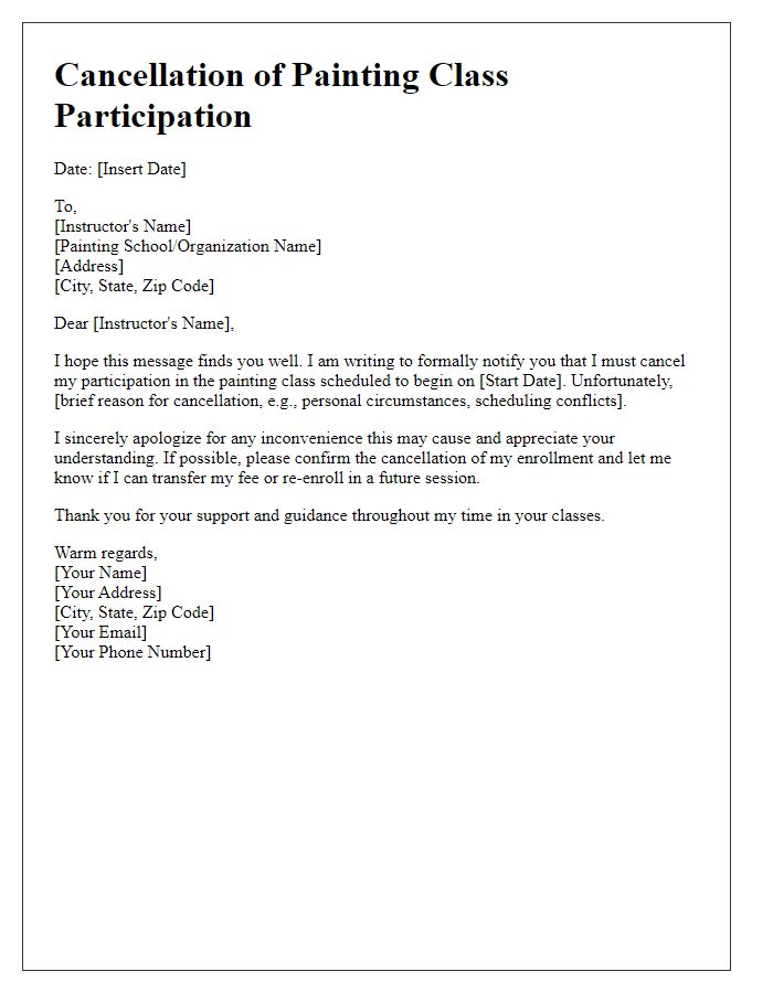 Letter template of cancellation for painting class participation