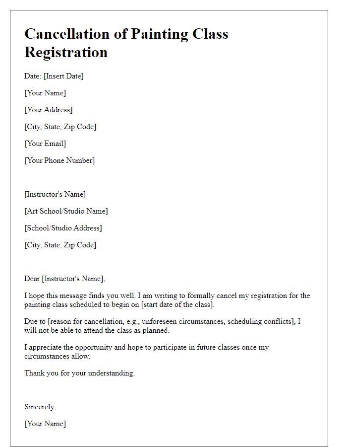 Letter template of formal cancellation of painting class registration