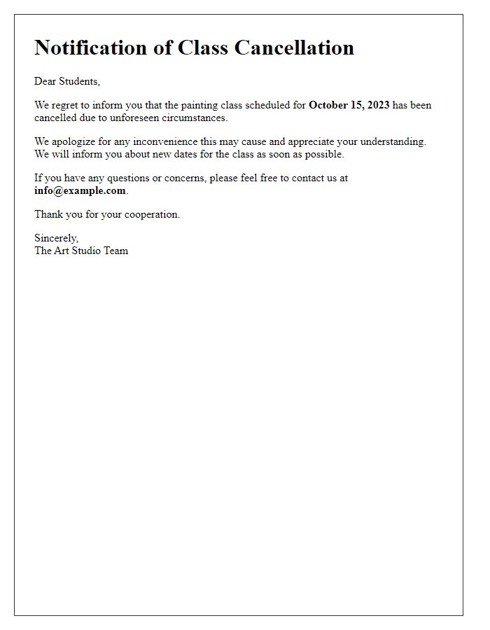 Letter template of notification regarding painting class cancellation