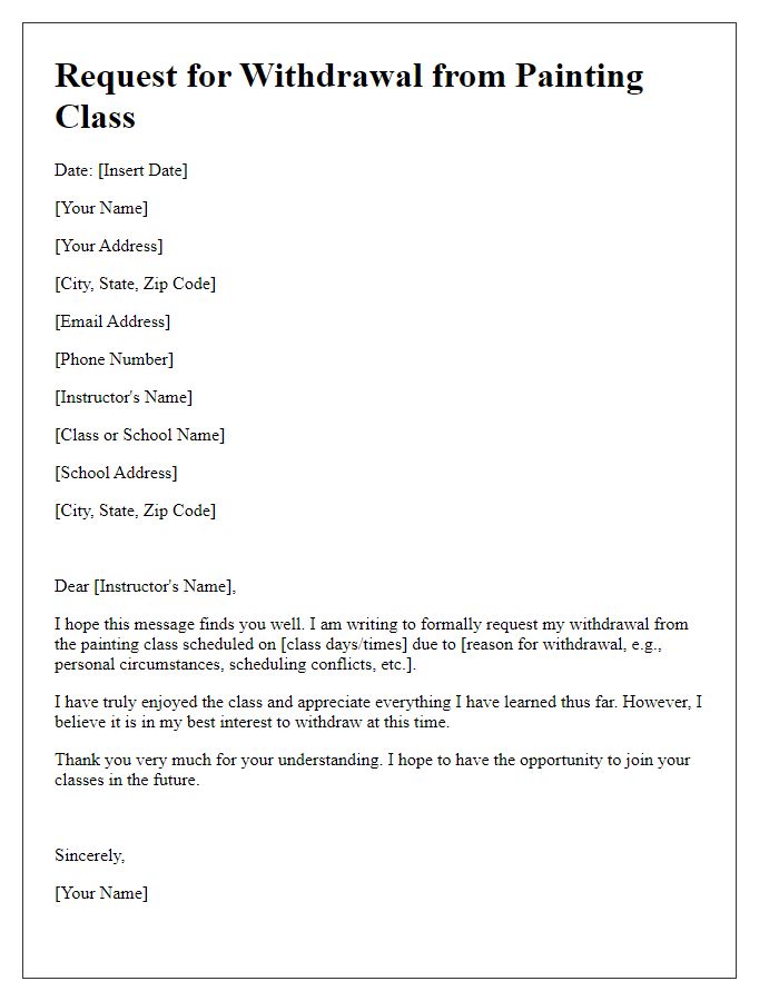 Letter template of request to withdraw from painting class